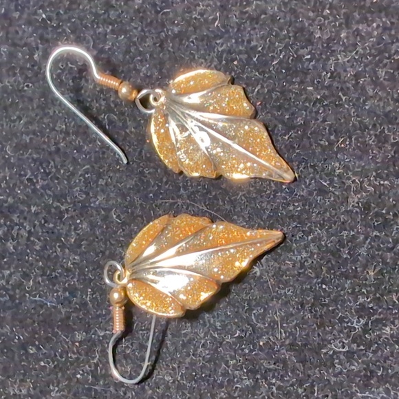 Vintage Art Nouveau Leaf Gold Tone Glitter Pendant Necklace & Matching Earrings - Picture 4 of 8